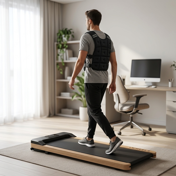 Homme portant le gilet lesté TWHEELS en marchant sur le WalkingPad