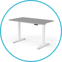 Höhenverstellbarer Schreibtisch mit grauer Platte und weißem Gestell, ideal für ergonomisches Arbeiten.