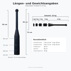 Infografik mit Längen- und Gewichtsangaben der TWHEELS Mace Bell von 6 bis 16 kg.