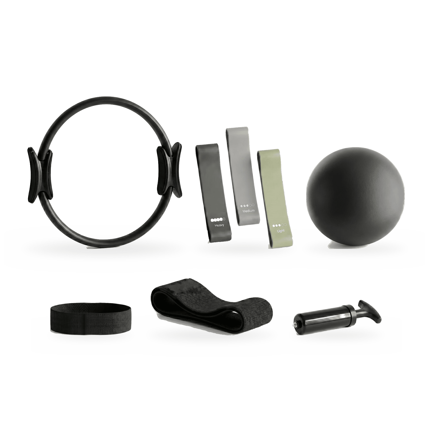 TWHEELS Pilates Essential Komplett-Set mit allen sechs Teilen: Pilates-Ring, drei Widerstandsbänder, Gymnastikball, Hüftband, Loop-Band und Pumpe auf weissem Hintergrund