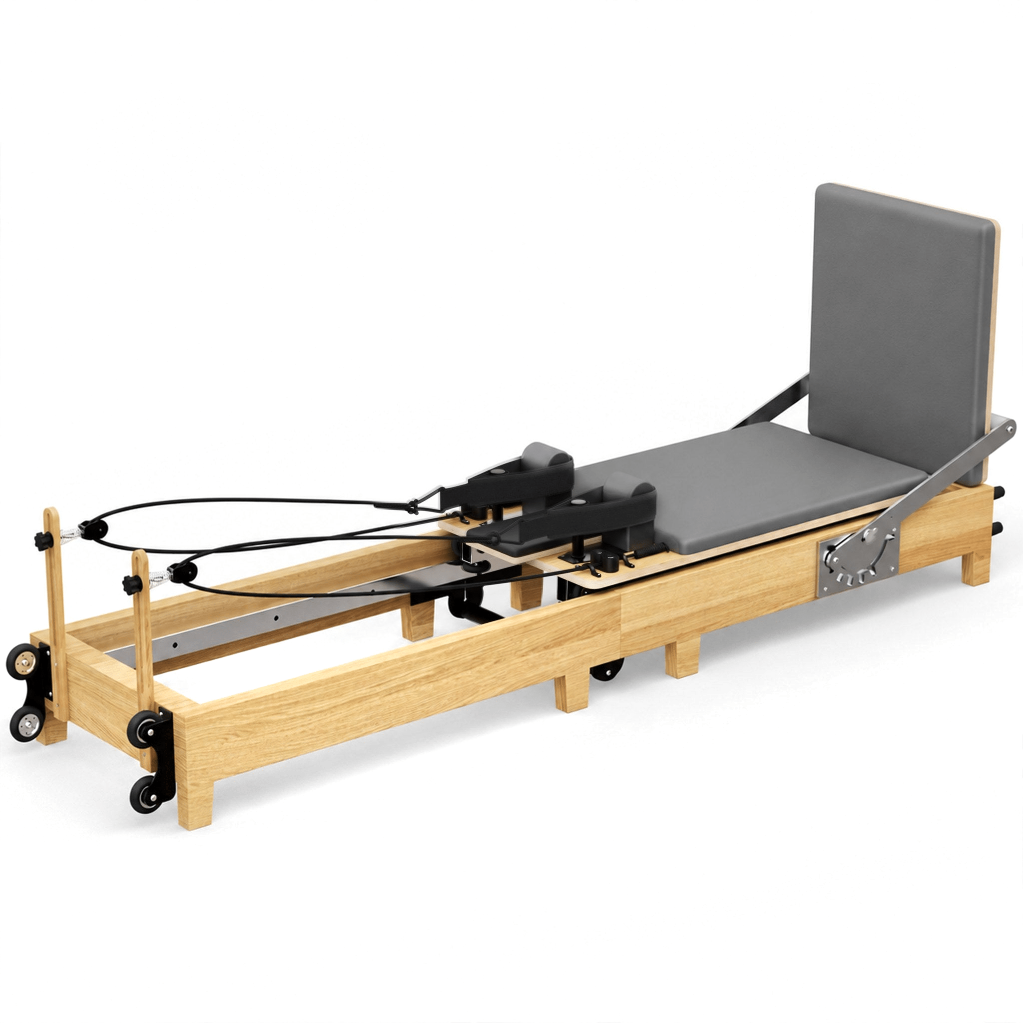 TWHEELS Pilates Reformer aus Ahornholz mit grauem Polster, faltbar fürs Home-Studio