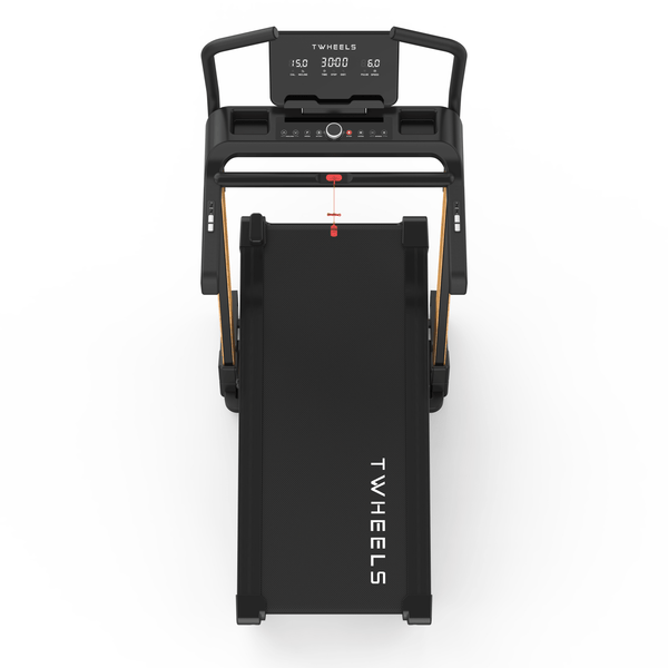 TWHEELS Pro treadmill from above with an extra-wide running surface