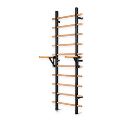 TWHEELS Sprossenwand Version Pull Up und Dip Bar, hier mit montierter Dipstange über zehn Buchensprossen, auf reinweissem Hintergrund.
