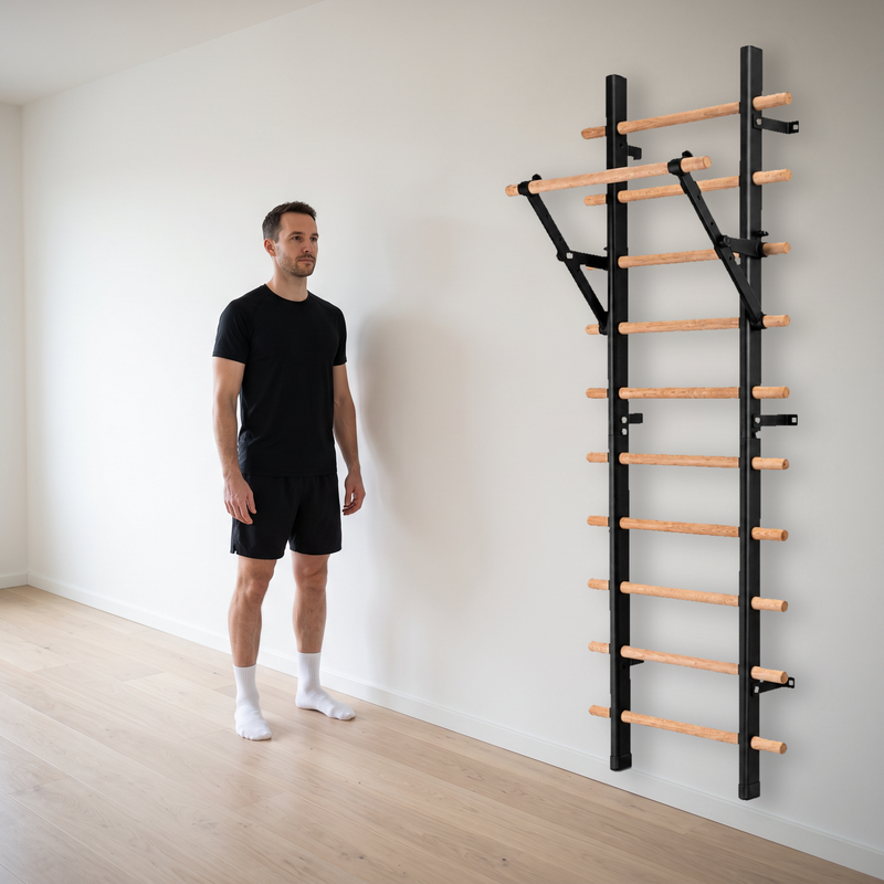 TWHEELS espalier mural avec barre de traction, monté au mur à côté d’une personne debout