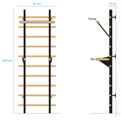 Massbild der TWHEELS Sprossenwand mit Pull Up und Dip Bar: 81 cm breit, 223 cm hoch, 14 cm tief, beide Aufsätze in der Seitenansicht.
