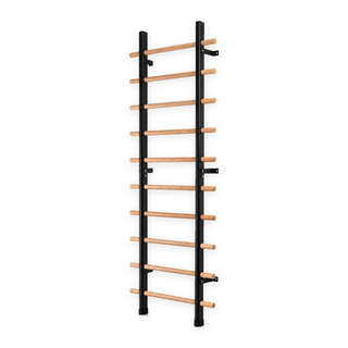 TWHEELS Sprossenwand Standard aus schwarzem Carbonstahl mit zehn Buchensprossen, freigestellt auf reinweissem Hintergrund.