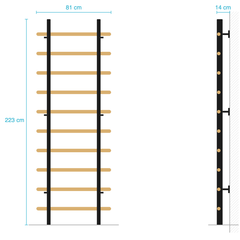 Massbild der TWHEELS Sprossenwand Standard: 81 cm breit, 223 cm hoch, 14 cm tief, Front- und Seitenansicht mit zehn Sprossen.