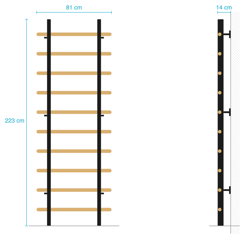 Massbild der TWHEELS Sprossenwand Standard: 81 cm breit, 223 cm hoch, 14 cm tief, Front- und Seitenansicht mit zehn Sprossen.