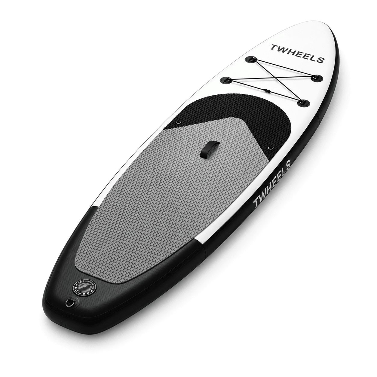 TWHEELS Stand-up-Paddleboard in Weiss und Schwarz, freigestellt in Dreiviertelansicht