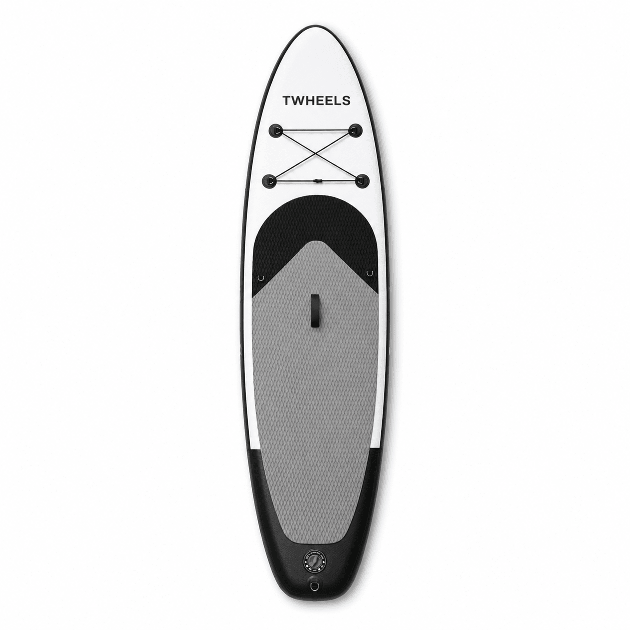 TWHEELS Stand-up-Paddleboard in Weiss, Schwarz und kühlem Silbergrau aus der Draufsicht.