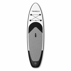 TWHEELS Stand-up-Paddleboard in Weiss, Schwarz und kühlem Silbergrau aus der Draufsicht.