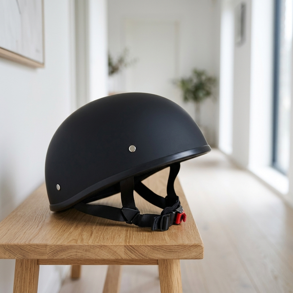 Il casco Chopper è appoggiato su una panca di legno nel corridoio