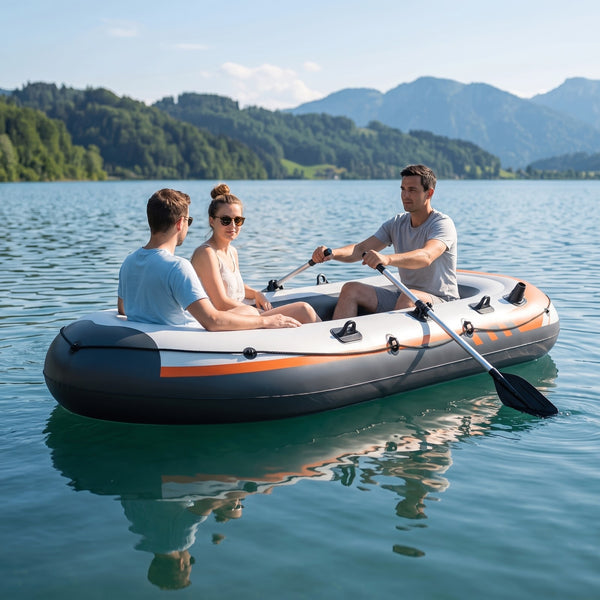 Three people in the TWHEELS 3-person inflatable boat on a Swiss mountain lake