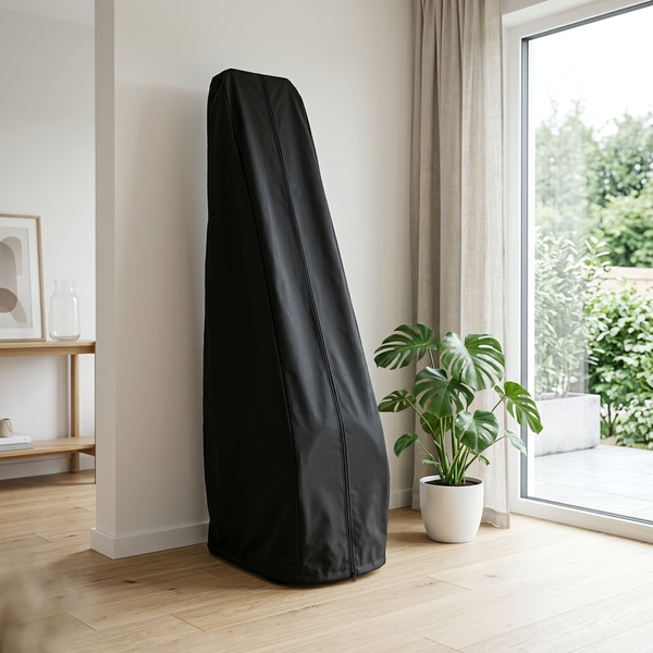 Housse de protection sur le rameur en position verticale dans le salon