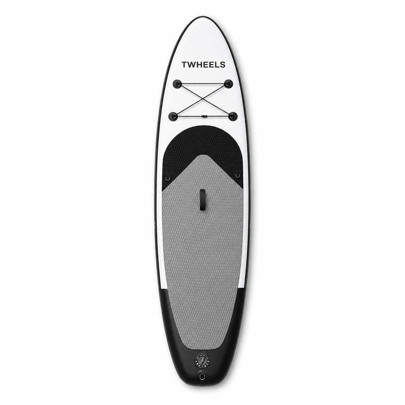 TWHEELS Stand-up-Paddleboard in Weiss, Schwarz und kühlem Silbergrau aus der Draufsicht.