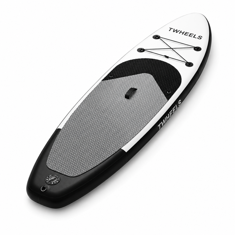 TWHEELS Stand-up-Paddleboard in Weiss, Schwarz und kühlem Silbergrau, freigestellt in Dreiviertelansicht.