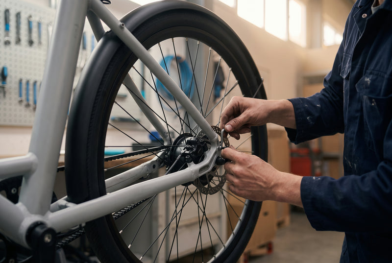 Un meccanico regola il freno a disco di una TWHEELS E-Bike City Classic