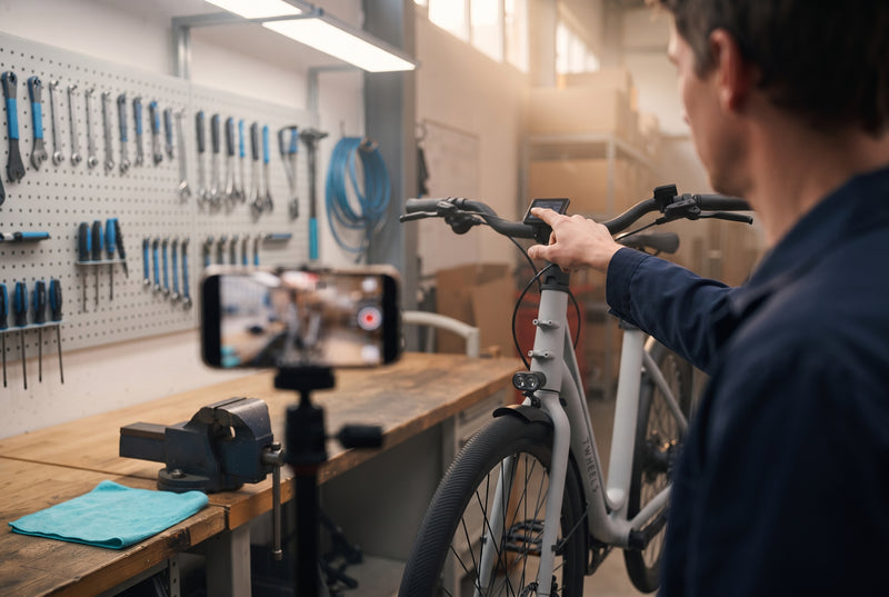 Un meccanico registra un video esplicativo sull’e-bike