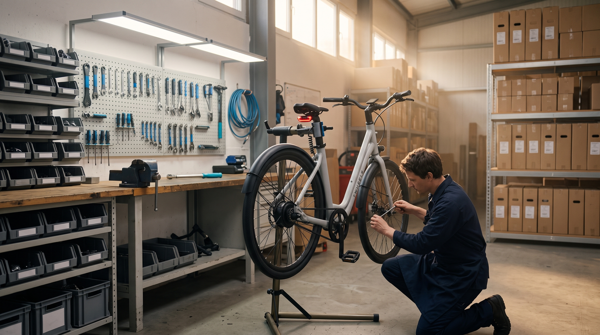 Un meccanico ripara una e-bike TWHEELS in officina