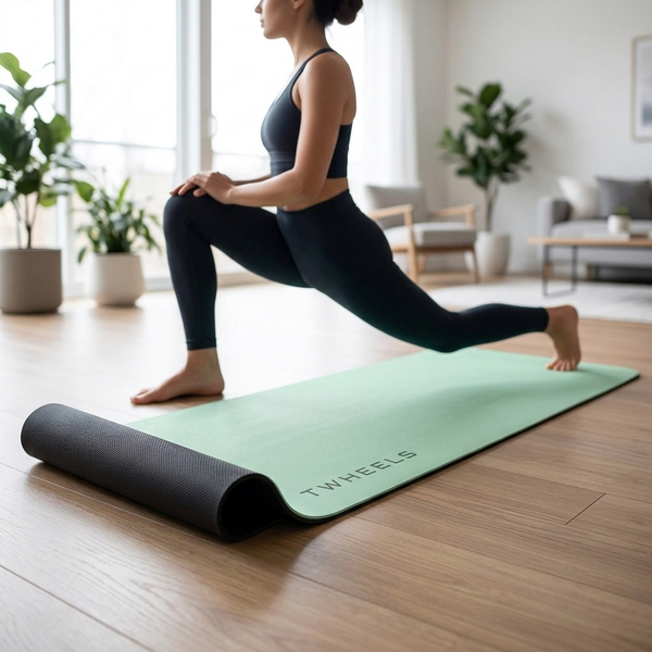 Femme s’entraîne en fente avant sur le tapis de yoga TWHEELS vert menthe