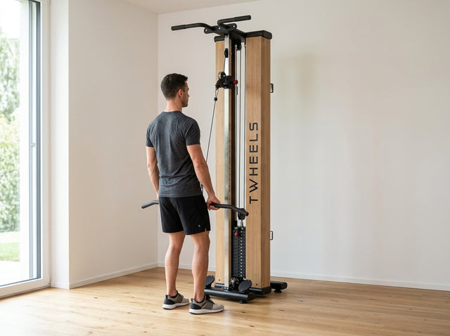 Überzüge mit gestreckten Armen (Pulldown) auf dem Torre per trazioni fitness in legno di quercia – TWHEELS