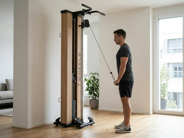 Trizepsdrücken am Kabel (Pushdown) auf dem Fitness Seilzugturm aus Eichenholz – TWHEELS