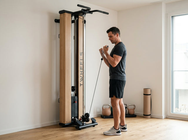 Bizeps-Curls am Kabel (Cable Curl) auf dem Torre per trazioni fitness in legno di quercia – TWHEELS