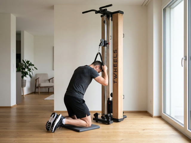 Kabel-Crunch kniend (Cable Crunch) auf dem Torre per trazioni fitness in legno di quercia – TWHEELS