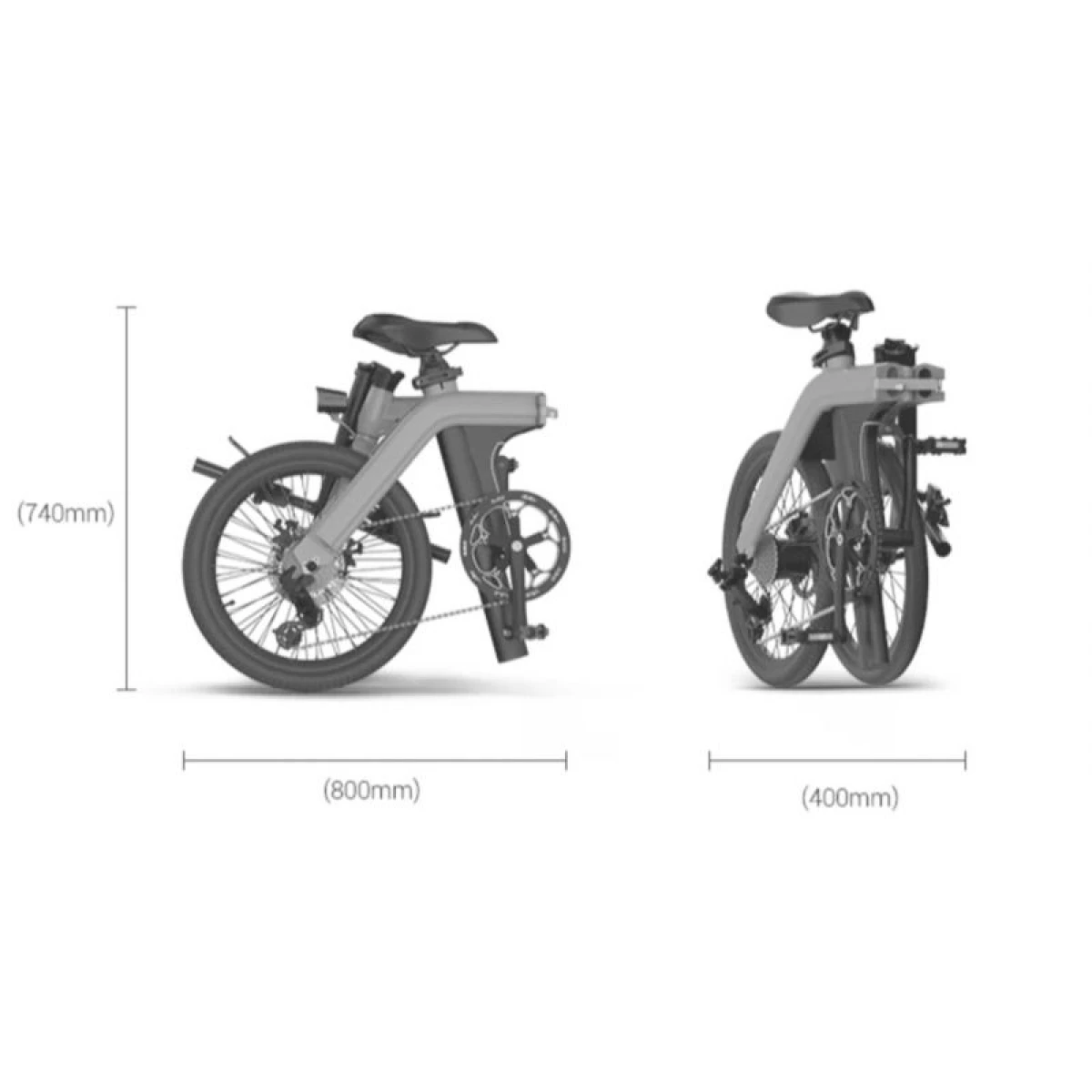 Die Abmessungen des faltbaren E-Bikes von TWHEELS im gefaltet Zustand: 80 cm x 74 cm.